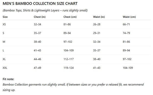 Men’s Bamboo Collection size chart with chest and waist measurements in inches and centimeters for sizes XS through XXL.