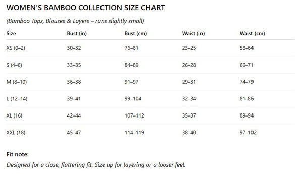 Women’s Bamboo Collection size chart with bust and waist measurements in inches and centimeters for sizes XS through XXL.