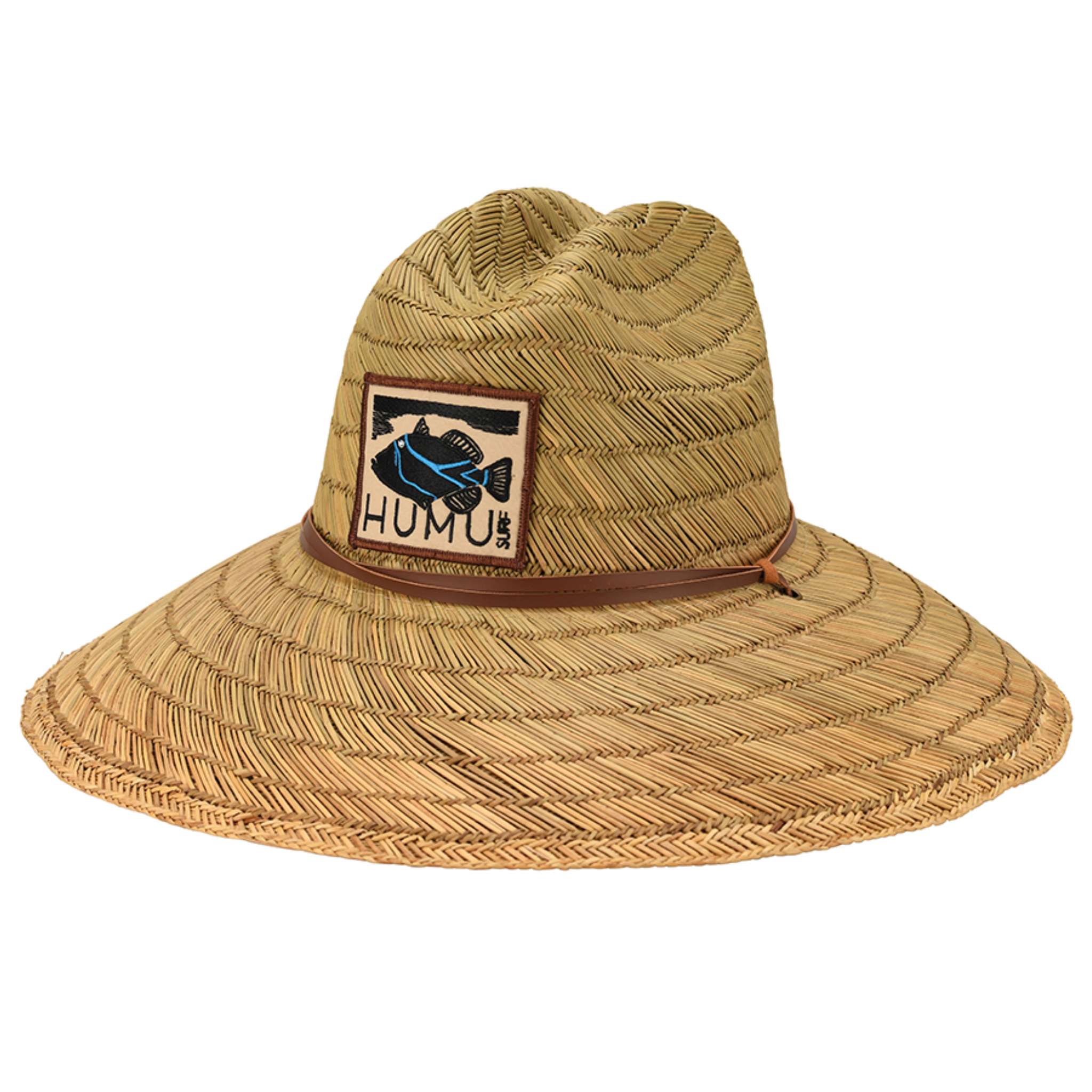 Three-quarter view of the Humu Classic Lifeguard Hat featuring a brown band and a front patch with the Humu Surf brand name and logo.