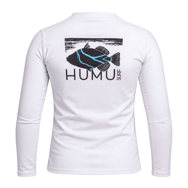 Back view of the white Humu Juniors Classic Long Sleeve Unisex Rash Guard showing the large black and turquoise Humu Surf fish graphic