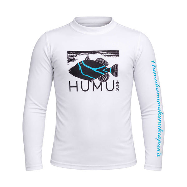 Front view of the white Humu Juniors Classic Long Sleeve Unisex Rash Guard with black and turquoise fish logo, blue sleeve lettering, and fitted long sleeves