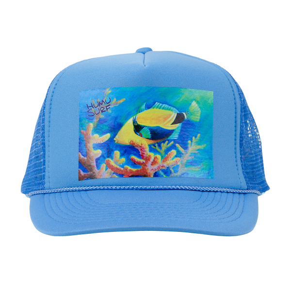 Front view of the blue Humu Lanai Trucker Hat with tropical fish artwork, blue bill, and mesh back
