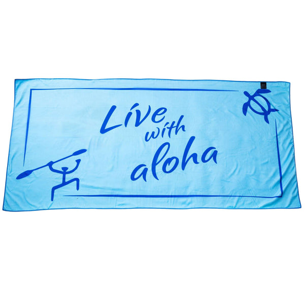 Reverse side of the Humu Surf Live With Aloha Yoga Towel in light blue, featuring navy Live with aloha lettering, a paddleboarder silhouette, and sea turtle artwork