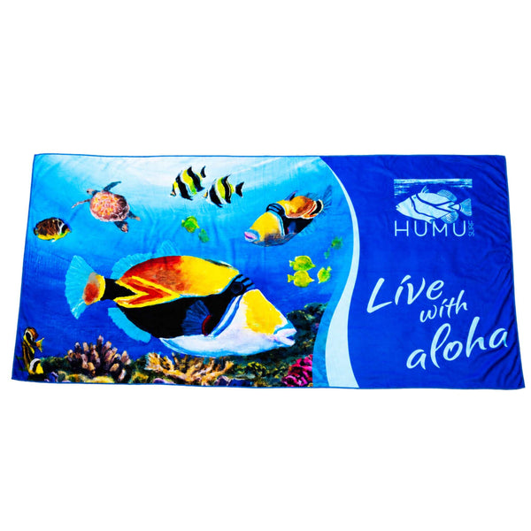 Humu Surf Live With Aloha Yoga Towel laid flat, featuring colorful Hawaiian reef fish, sea turtles, coral artwork, and white Live with aloha lettering on a blue background.