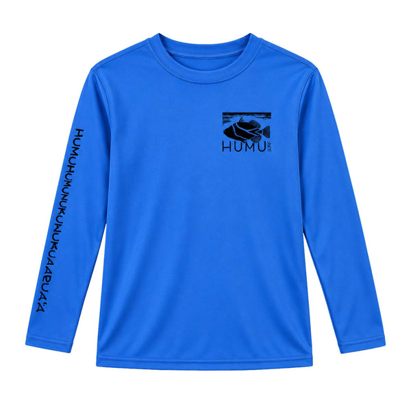 Front view of the Humu Maui Ocean Blue Kids Long Sleeve Rash Guard with black Humu Surf fish logo on the chest and Hawaiian lettering down the sleeve