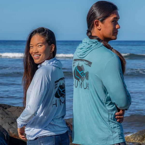 Back view of the Humu Men's and Women's Woody Bamboo Lightweight Hoodies showing the large fish graphics