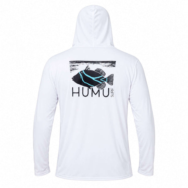 Back view of the white Humu Men's Woody Long Sleeve Performance Hoody showing the large black and turquoise Humu Surf fish graphic and hood