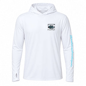 Front view of the white Humu Men's Woody Long Sleeve Performance Hoody with hood, chest fish logo, turquoise Hawaiian sleeve lettering, and thumbhole cuffs