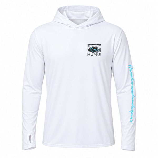 Front view of the white Humu Men's Woody Long Sleeve Performance Hoody with hood, chest fish logo, turquoise Hawaiian sleeve lettering, and thumbhole cuffs