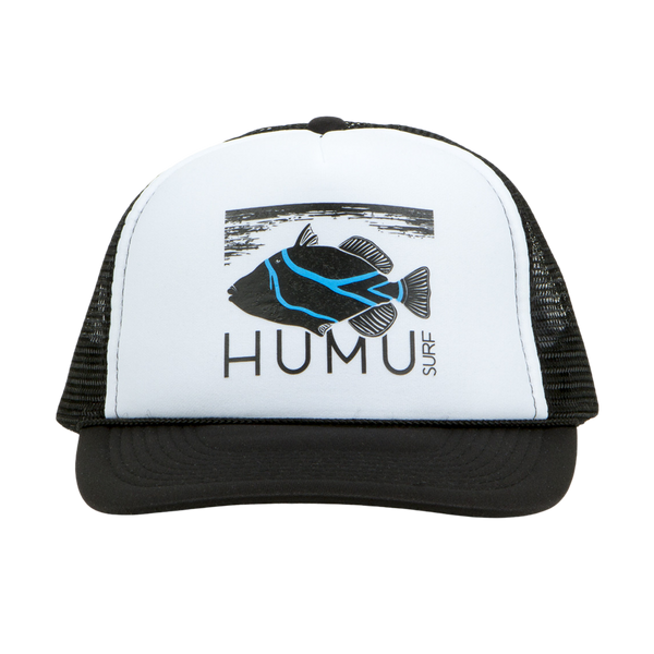 Front view of the Humu Original Truckers Hat in black and white with Humu Surf fish logo and black mesh back