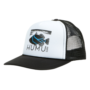 Three-quarter view of the Humu Original Truckers Hat in black and white showing the Humu Surf fish logo, black bill, and mesh back
