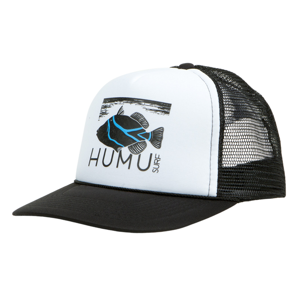 Three-quarter view of the Humu Original Truckers Hat in black and white showing the Humu Surf fish logo, black bill, and mesh back