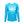 Load image into Gallery viewer, Front view of the Humu Women's Wahine Kore-Dry Long Sleeve Rashguard in Hawaii Blue with white Humu Surf fish graphics on the chest and sleeve
