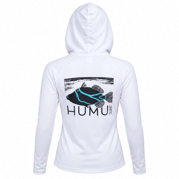 Back view of the white Humu Women's Woody Long Sleeve Performance Hoody showing the large black and turquoise Humu Surf fish graphic and hood