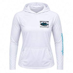 Front view of the white Humu Women's Woody Long Sleeve Performance Hoody with fish logo on the chest, turquoise sleeve lettering, hood, and front pouch pocket