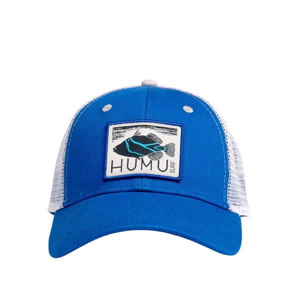 Front view of the blue Humu Molokini Trucker Hat with embroidered Humu Surf fish patch