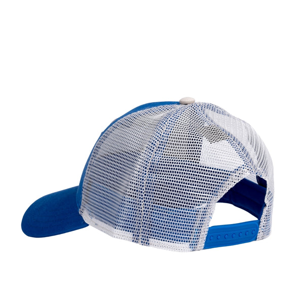 Rear three-quarter view of the Humu Molokini Trucker Hat showing the white mesh back and adjustable snap closure