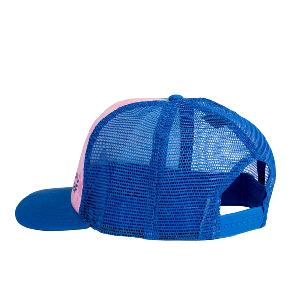 Back view of the Humu Napili Trucker Hat showing the royal-blue mesh panels and adjustable snap closure