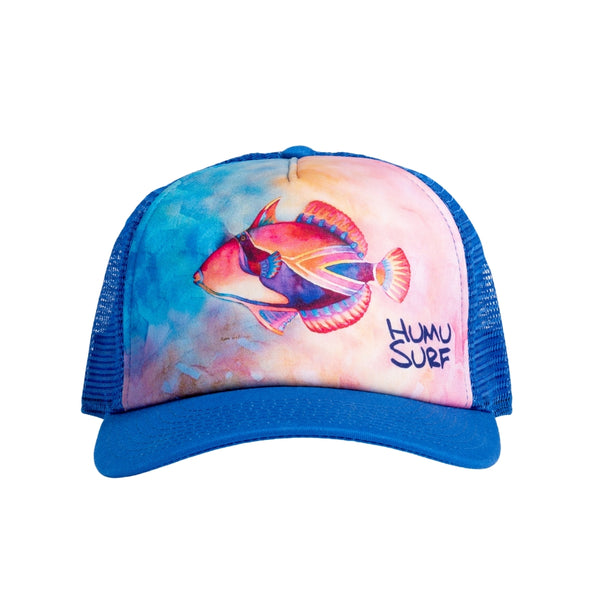 Front view of the Humu Napili Trucker Hat with colorful fish artwork and royal-blue bill