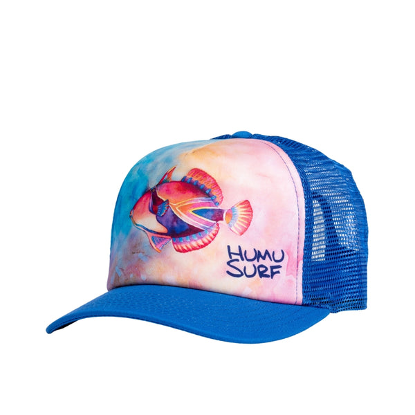 Three-quarter view of the Humu Napili Trucker Hat with colorful humuhumunukunukuapua'a artwork and royal-blue mesh back