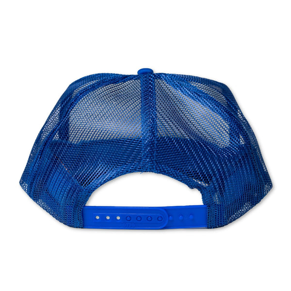 Back view of the Humu Original Trucker Hat in royal blue showing the mesh panels and adjustable snap closure