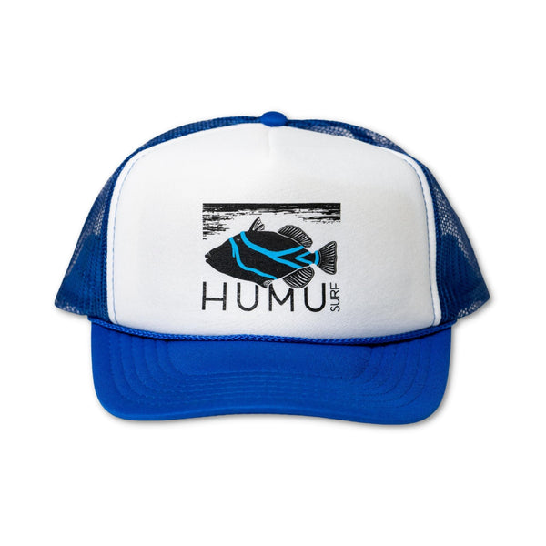 Front view of the Humu Original Trucker Hat in royal blue and white with Humu Surf fish logo