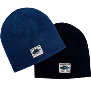 Humu Surf Beanies in Navy and Steel Blue with embroidered Humu fish logo patches