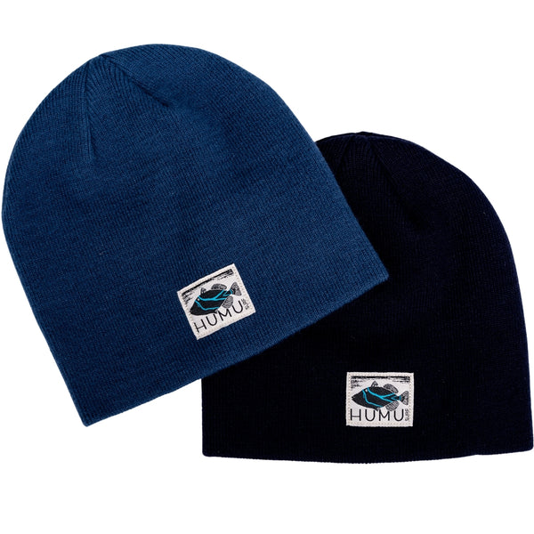 Humu Surf Beanies in Navy and Steel Blue with embroidered Humu fish logo patches