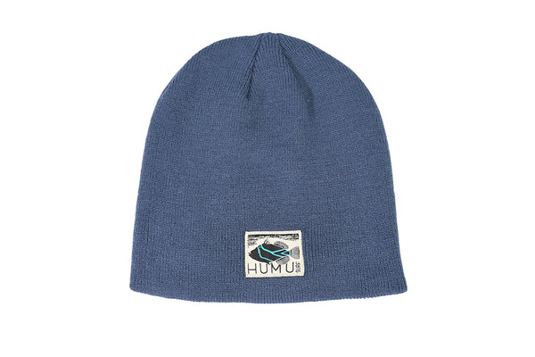 Front view of the Surf Blue Humu Surf Beanie with embroidered Humu fish logo patch